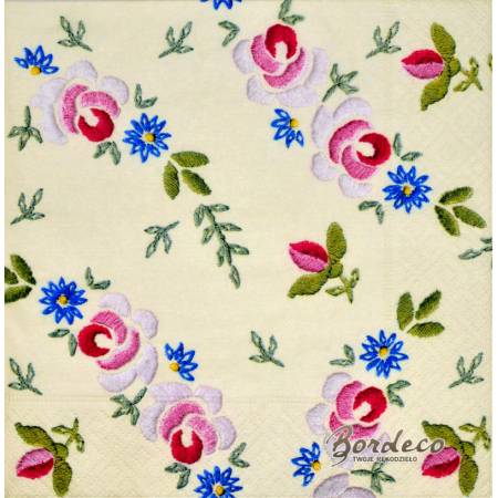 Serwetka decoupage firmy GOMAR INVEST haftowane kwiatki 33x33cm